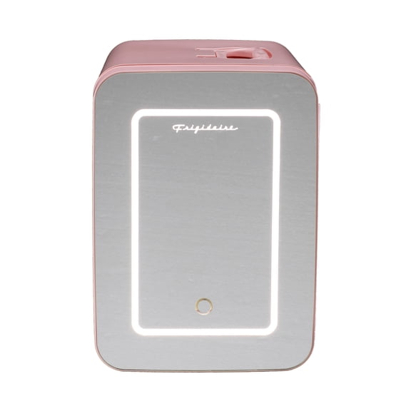 Representative product-family photo: Frigidaire 6.5L 9 Can Mini Lighted Beauty Mirror Fridge Pink - compact, portable skincare fridge. Pictured option and availability are unverified.