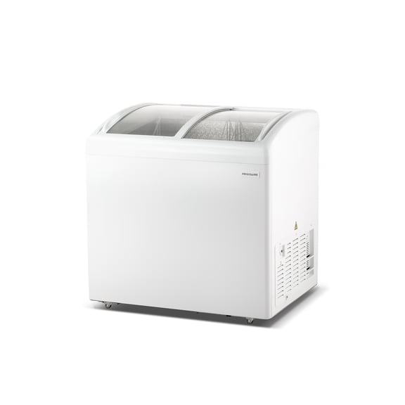 Frigidaire 6.7 Cu. ft. Curved Glass Top Display Freezer, 2 Door Convertible Freezer Refrigerator with Lockable Glass Door and Wheels, White