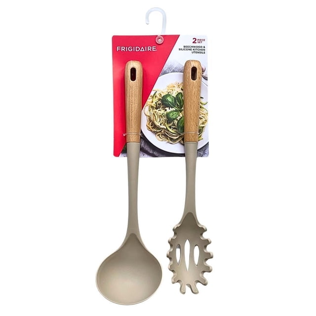 Frigidaire Beechwood Handle Silicone Soup Ladle & Pasta Fork Set, Beige ...
