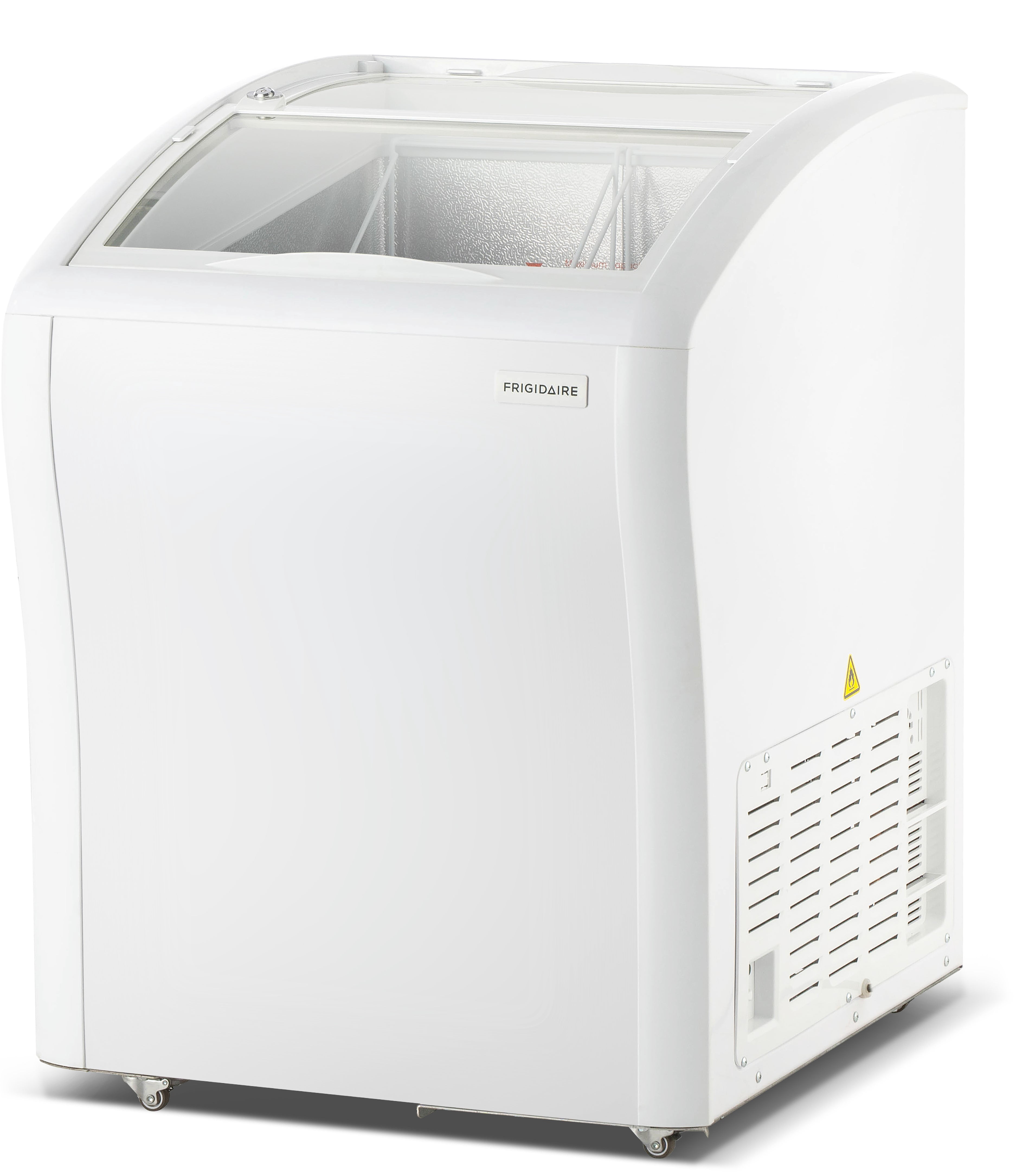 Frigidaire 4 Cu. ft. Curved Glass Top Display Freezer, Convertible 110L Fridge Freezer with Lockable Glass Door and Castor Wheels, White