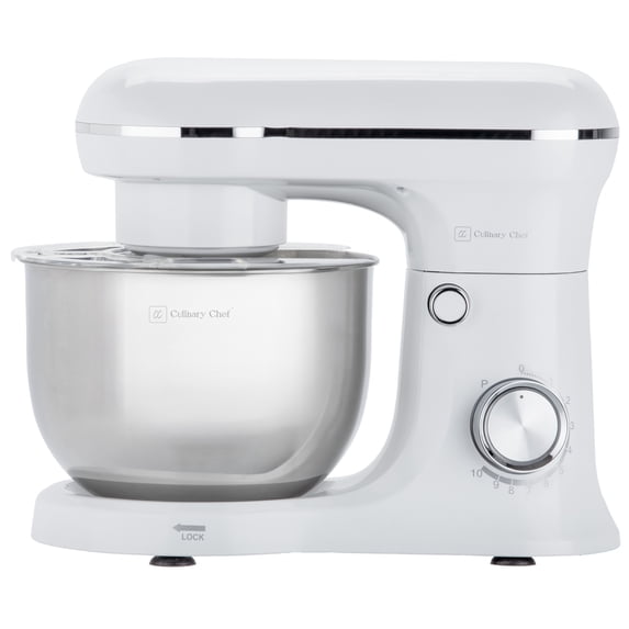 Culinary Chef 4.5 Liter 8 Speed Stand Mixer with Stainless Steel Bowl, 380 Watt Kitchen Mixer with Dough Hook, Beater, Whisk, Splash Cover, White