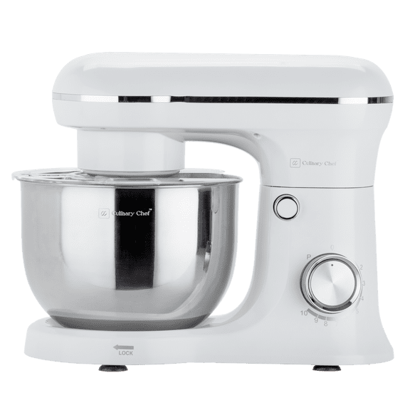 Culinary Chef 4.5 Liter 8 Speed Stand Mixer with Stainless Steel Bowl, 380 Watt Kitchen Mixer with Dough Hook, Beater, Whisk, Splash Cover, White