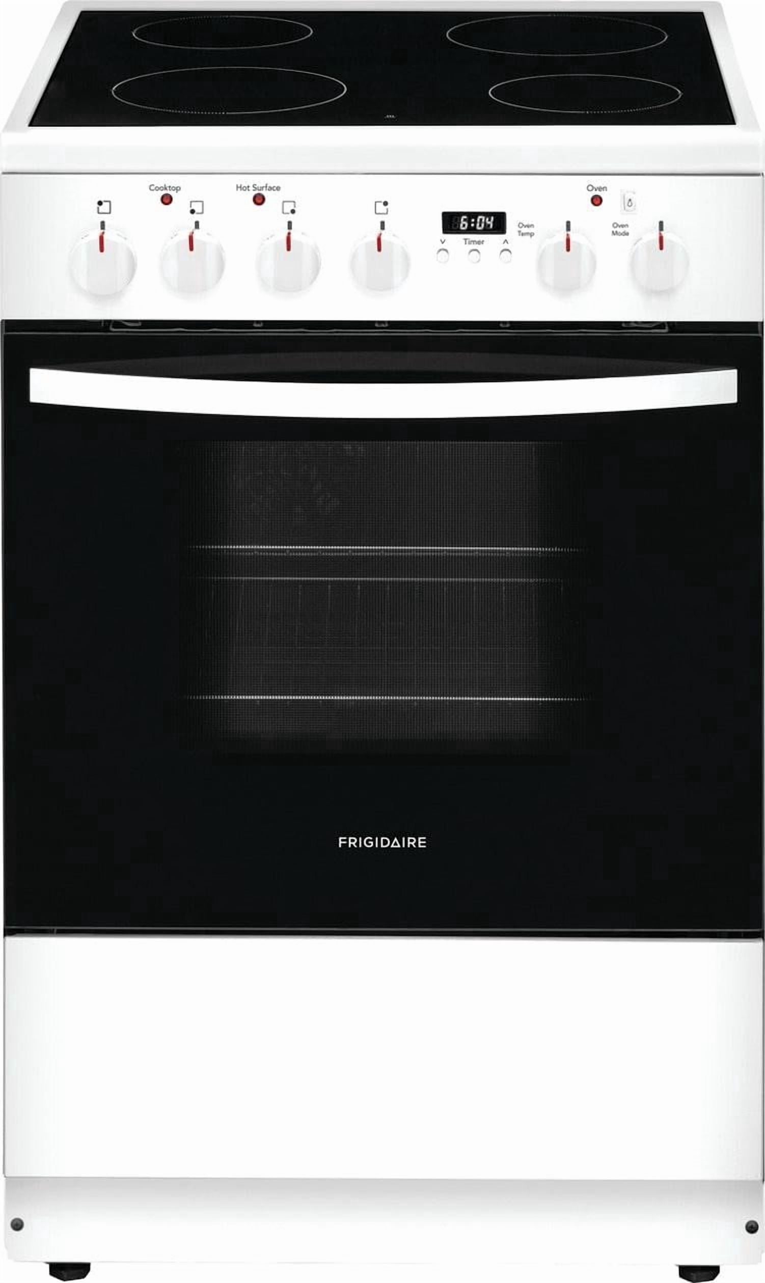 Frigidaire FCFE2425AW 24'' Freestanding Electric Range with 4 Elements, Smoothtop Cooktop, Storage Drawer, Convection Oven, Viewing Window, Storage Drawer, in White