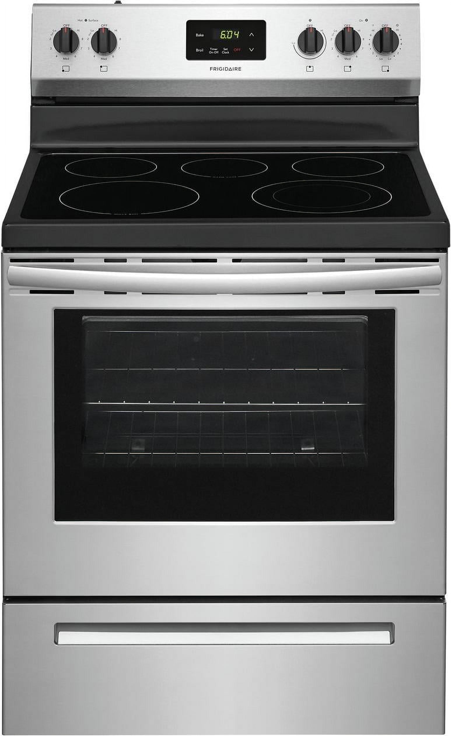 Frigidaire FCRE3052AS Electric Range, 30", Stainless Steel, 5 Elements, Glass Top ,Manual Clean Oven, 3000 Watt Quick Boil Element, Store-More™ Storage Drawer, SpaceWise® Expandable Element, Keep Warm Zone, Oven Capacity 5.3 CuFt, Product Dimensions HxWxD (in) 46 9/16" x 29 7/8" x 25 3/4", Product Weight (lb) 147.25 - image 1 of 7