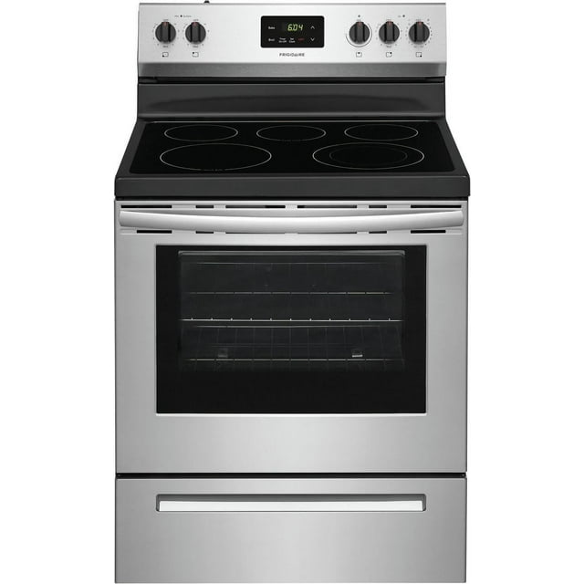 Frigidaire FCRE3052AS Electric Range, 30", Stainless Steel, 5 Elements, Glass Top ,Manual Clean Oven, 3000 Watt Quick Boil Element, Store-More™ Storage Drawer, SpaceWise® Expandable Element, Keep Warm Zone, Oven Capacity 5.3 CuFt, Product Dimensions HxWxD (in) 46 9/16" x 29 7/8" x 25 3/4", Product Weight (lb) 147.25