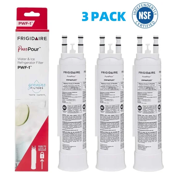 3 Pack FPPWFU01 PurePour PWF-1 Refrigerator Water Filter for Frigidaire, NSF 42/53/401 Certified, 200-Gallon Capacity, White