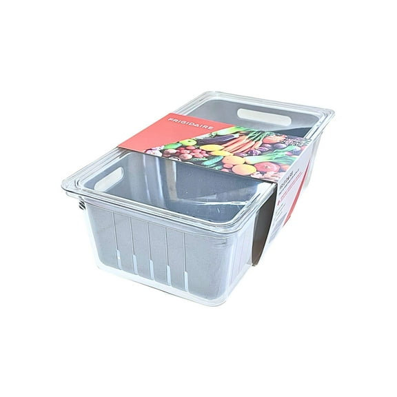 Frigidaire Fruit and Vegetable Bin with Lid, 2 Compartments Fruit Storage Container, Vegetable Storage Container, Stackable Refrigerator Organizers with Colander and Lid