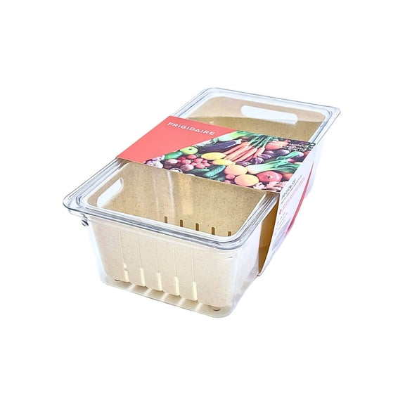 Frigidaire Fruit and Vegetable Bin with Lid, 2 Compartments Fruit Storage Container, Vegetable Storage Container, Stackable Refrigerator Organizers with Colander and Lid