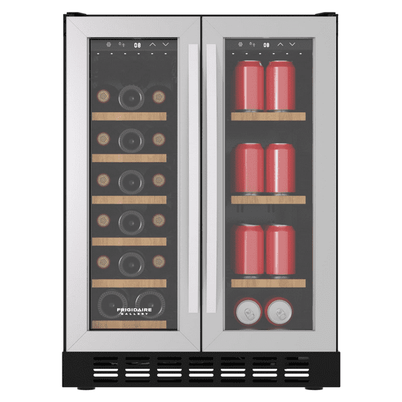 Frigidaire Gallery 24" Beverage Refrigerator, Dual Zone Cooler with Glass Door, Holds 41 Cans & 18 Bottles, Built in or Freestanding Under Counter Beverage Fridge with LED Lights