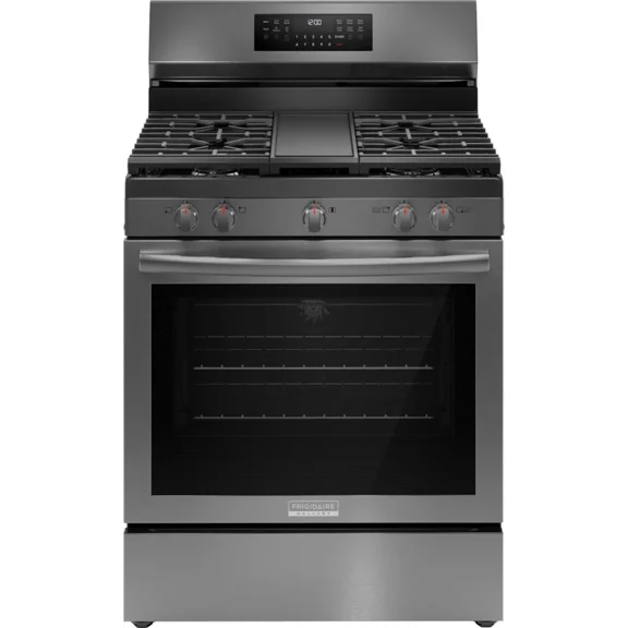 FRIGIDAIRE 30 Inch Freestanding Gas Range with 5 Sealed Burners, 5.1 cu. ft. Convection Oven, Quick Boil Burner in Black Stainless Steel GCRG3060BD