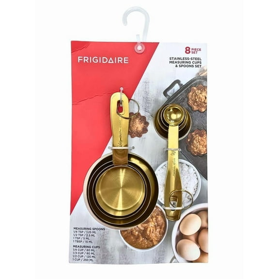 Frigidaire Measuring Cups and Spoons Set of 8, Stainless Steel Handle with Metric and US Measurements, Golden Finish, Dry & Liquid Ingredient Measuring Cup