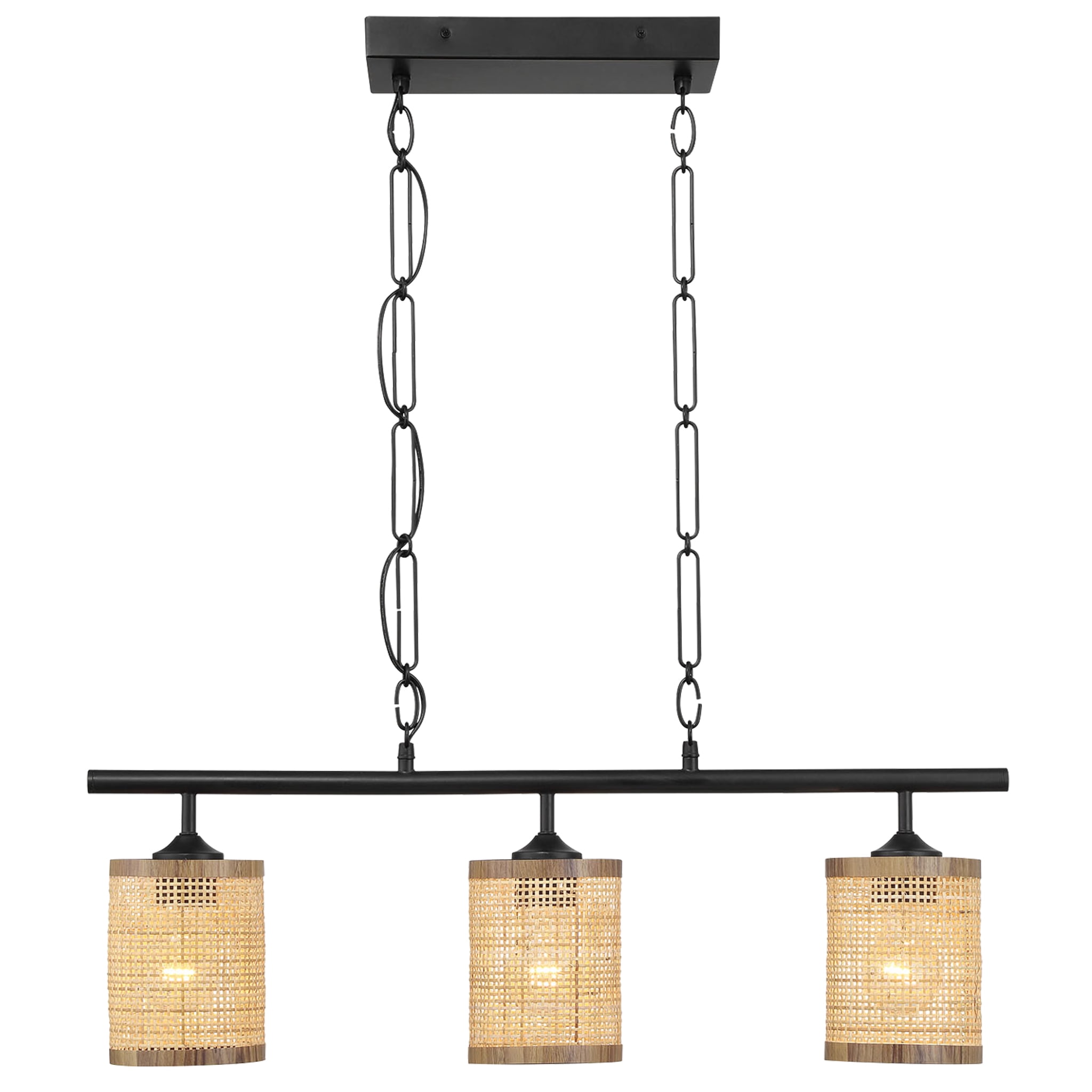 Black Metal Three-Light Pendant with Natural Rattan Shades