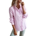 thumbnail image 1 of Frill Trim Button Up Blouse Plain Color Casual Fitted Splicing Turtleneck Long Sleeve Blouse Pink M, 1 of 6