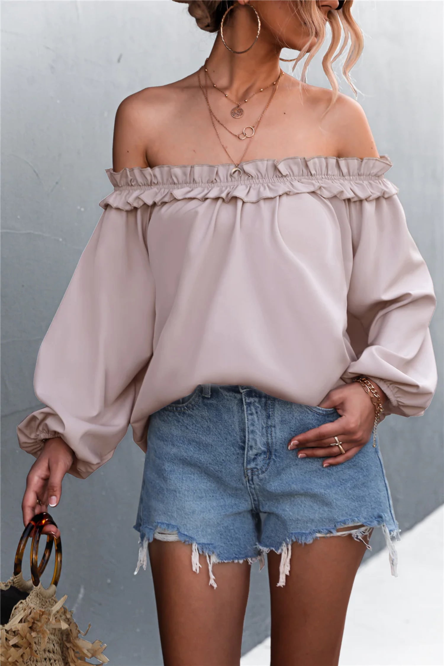 Turquoise Off Shoulder Balloon Sleeve Top