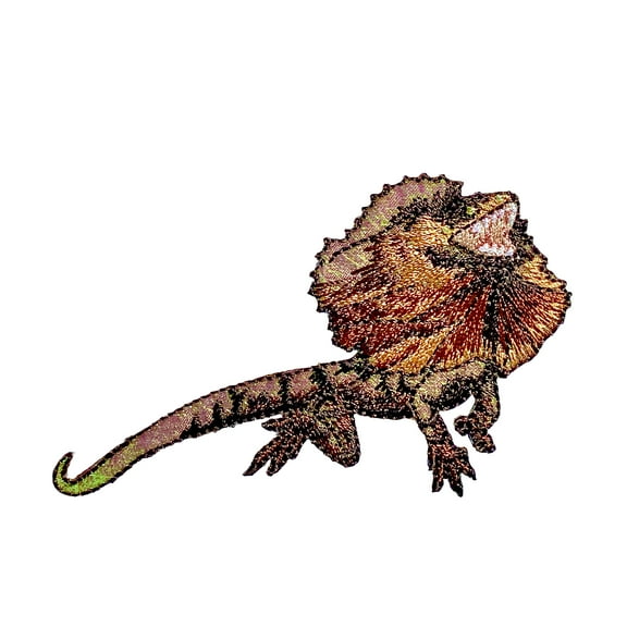 Frill neck Dragon - Brown Shimmery Lizard - Dragon Facing Right, Embroidered Iron on Patch