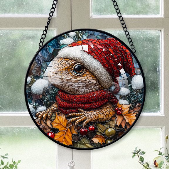 Frilled Lizard Ornament Christmas 2025, Frilled Lizard Stained Glass Hanging Window Decoration Unique Glass Panel for Natural Light Display