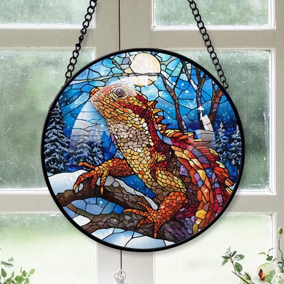 Frilled Lizard Ornament Christmas 2025, Frilled Lizard Stained Glass Window Panel Handcrafted Art Sun Catcher for Bright and Cheerful Homes