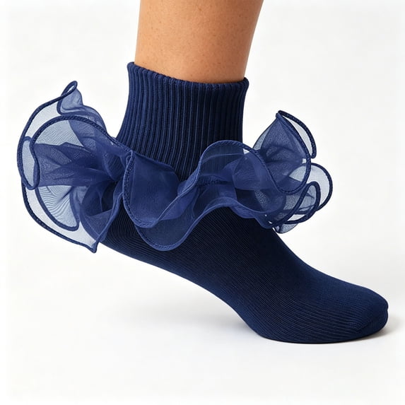 Frilly Lace Ankle Knit Socks,Soft Elastic Dance Foot Wear,Delicate Decor Short Stockings,Light Breathable Stretchy Knit Socks For Casual Performance Daily Wear,Navy,6-8 Years