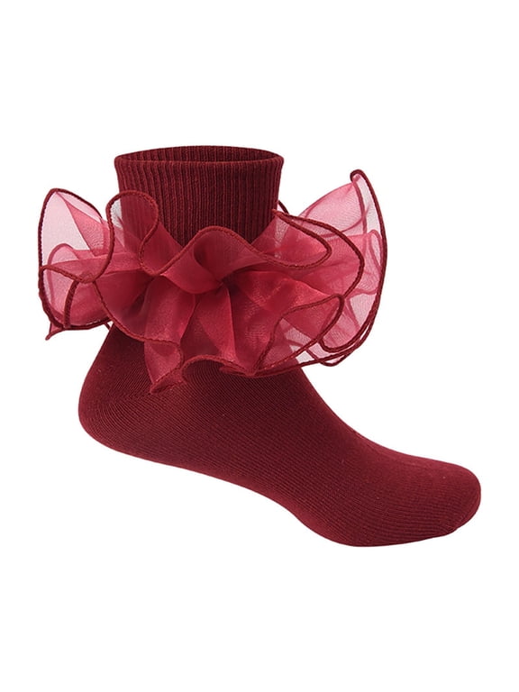 Lace Trim Ankle Socks for Women Girls, Soft Stretchy Ruffle Short Socks, Breathable Knit Ballet Dance Socks,Casual Liner Socks for Daily Wear, Performance, Party, Home,Wine,6-8 Years