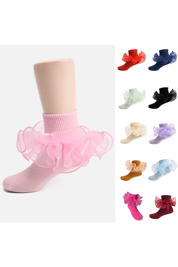 Frilly Socks for Girls Solid Lace Socks with Bows Dress Ankle Sock Cute Comfortable School Thin Sock Blue L
