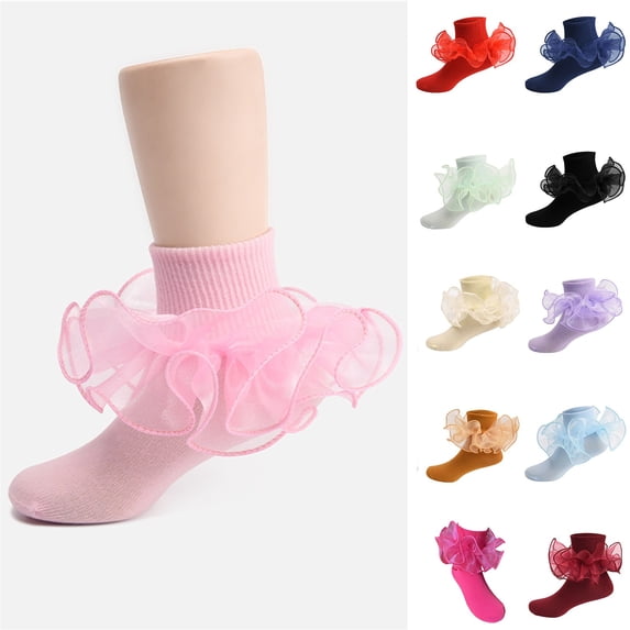 Frilly Socks for Girls Solid Lace Socks with Bows Dress Ankle Sock Cute Comfortable School Thin Sock Blue M