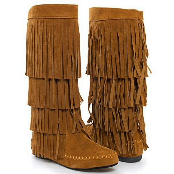 Fringe 4 Layer Moccasin Knee High Mid Calf Tall Vegan Boot (Black, 9 B(M) US)