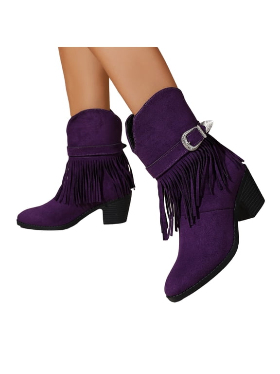 Fringe Ankle Boots for Women, Women's Suede Tassel Chunky Block Heel Ankle Boots Fashion Elegant Round Toe Low Heel Booties With Adjustable Buckle Comfort Casual Slip On Dress Short Boots