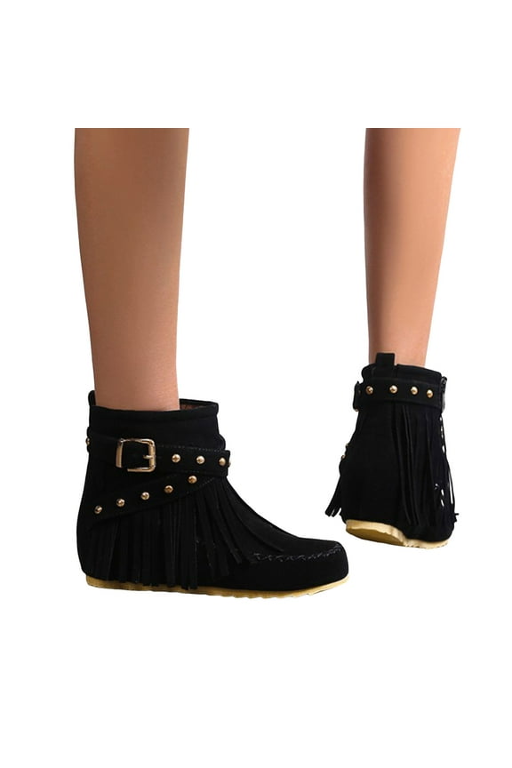 Fringe Ankle Boots for Women Boho Winter Fall Suede Buckle Studded Flat No Heel Mid Calf Short Booties