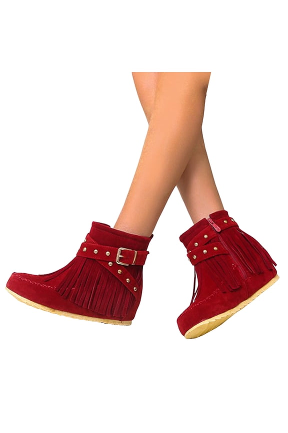 Fringe Ankle Boots for Women Boho Winter Fall Suede Buckle Studded Flat No Heel Mid Calf Short Booties