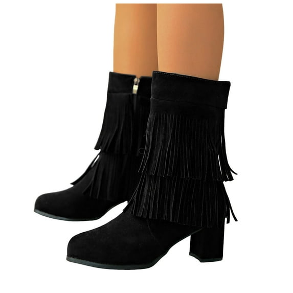 Fringe Ankle Boots for Women Suede Block Heeled Black Booties Zip up Fashion Round Toe Short Boots