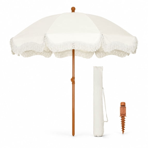 7 Foot Pool Fringe Beach Umbrella with Sand Anchor, 7ft, Creamy White Polyester and ...