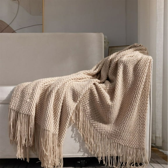 Fringe Blanket, Czzoypi Soft Breathable Sofa Cover, Acrylic Knitted Throw Blanket for Couch Air Conditioner Nap Machine Washable, Khaki