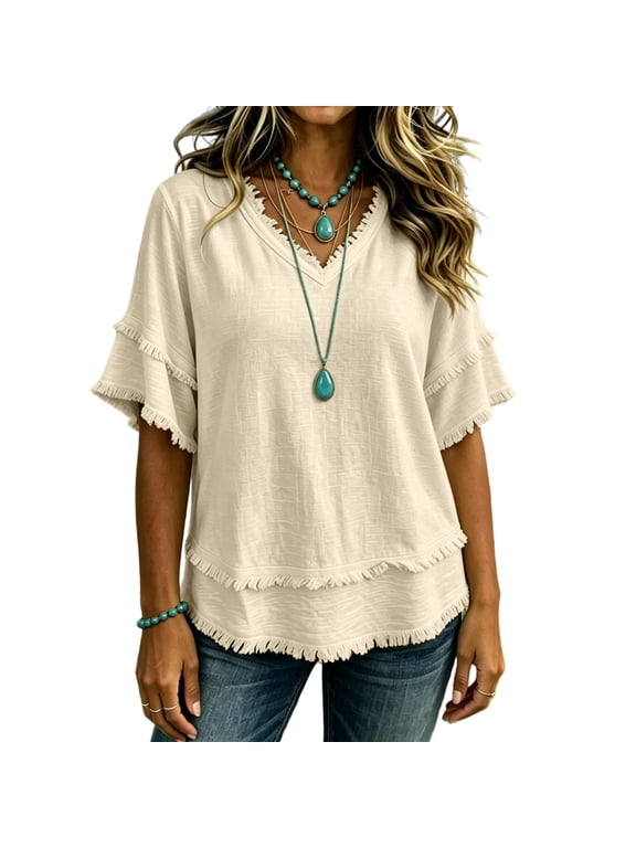 Fringe Boho Tops for Women Casual Cotton Linen Distressed V Neck Short Sleeve Blouses Gauze Raw Edge Hem Shirts