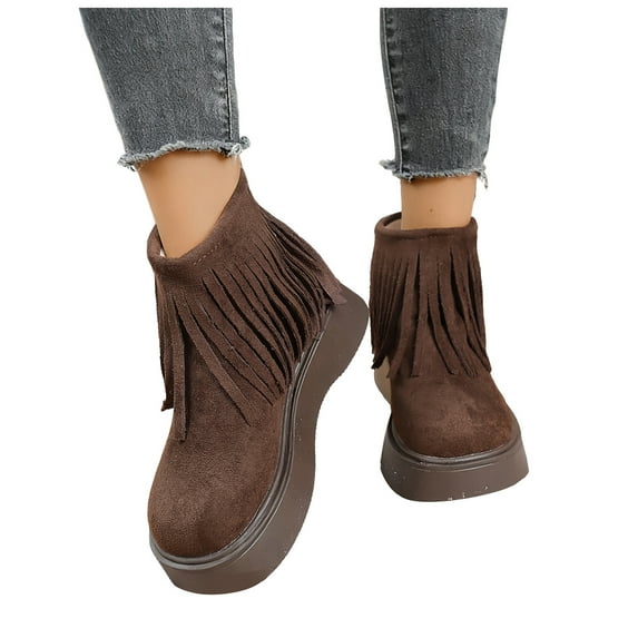 Fringe Boots for Women Suede Platform Round Toe Furry Lined Back Zipper Casual Warm Winter Ankle Booties