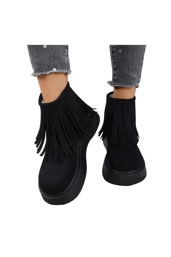 Fringe Boots for Women Suede Platform Round Toe Furry Lined Back Zipper Casual Warm Winter Ankle Booties