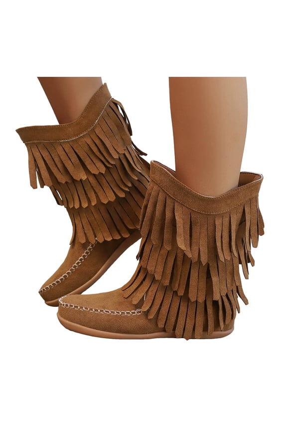 Fringe Boots for Women Wide Calf Pull on Flat Booties Stitching Suede Casual Round Toe Mid Calf Riding Boots Walking Shoes