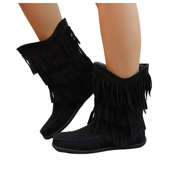 Fringe Boots for Women Wide Calf Pull on Flat Booties Stitching Suede Casual Round Toe Mid Calf Riding Boots Walking Shoes Black 8.5