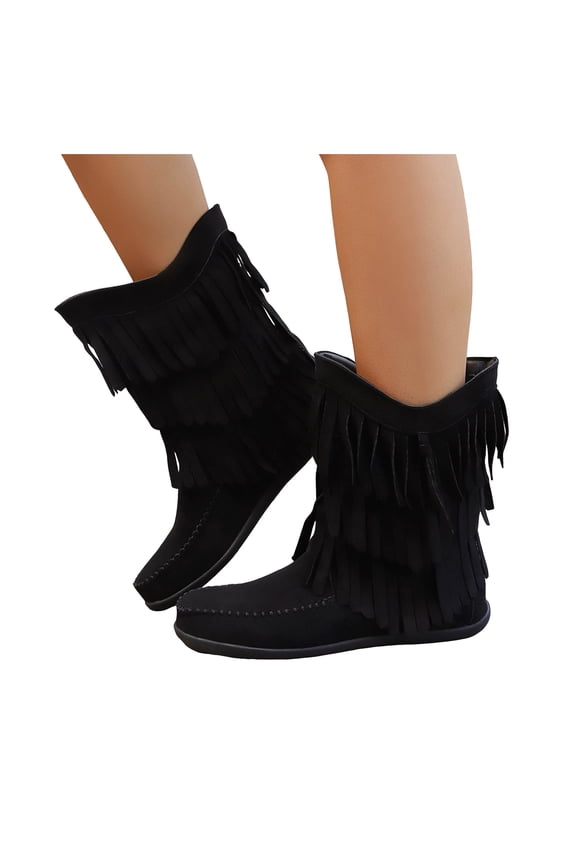 Fringe Boots for Women Wide Calf Pull on Flat Booties Stitching Suede Casual Round Toe Mid Calf Riding Boots Walking Shoes