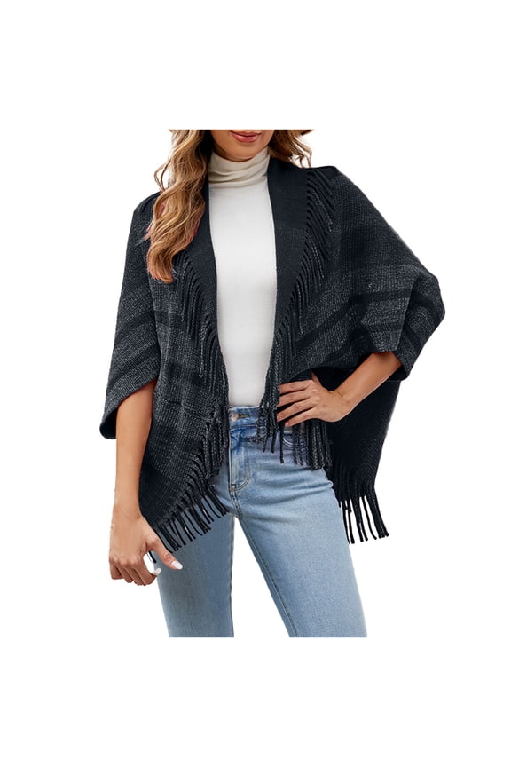 Fringe Cardigan for Women Long Sleeve Shawl Knit Open Front Sweater Fall Trendy Plaid Outwear Cover Up (Free Size, Black)