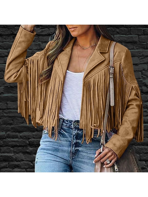 Fringe Coat For Women Cowgirl Faux Suede Cropped Short Jacket Notch Lapel Collar Long Sleeve Tassels Cardigans