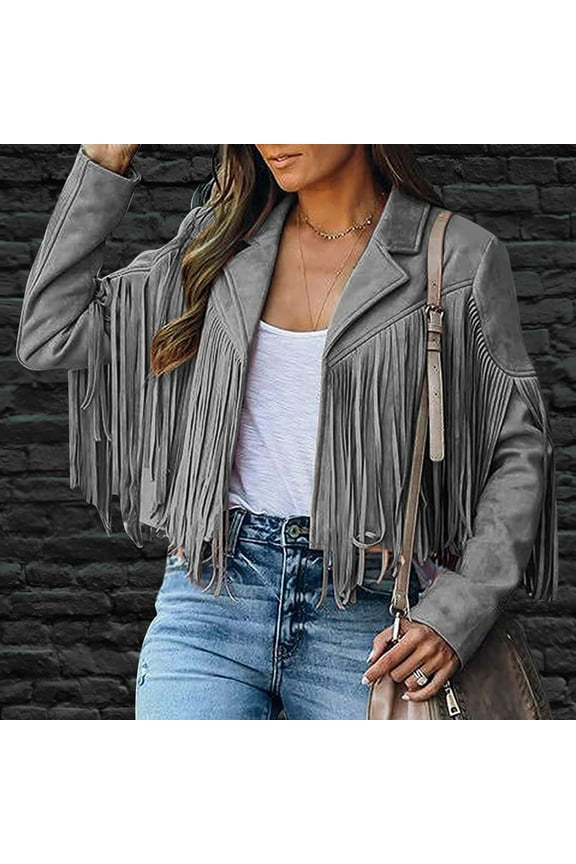 Fringe Coat For Women Faux Suede Leather Cowboy Style Coat Long Sleeve Tassels Cardigan Coat Gray L