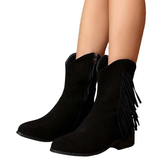 Fringe Cowboy Ankle Boots for Women Suede Low Heel Chunky Block Heel Short Booties Pointed Toe Wide Calf Western Tassel Boots Side Zipper Mid Calf Booties Classic Comfortable Fashion Boot Black 41