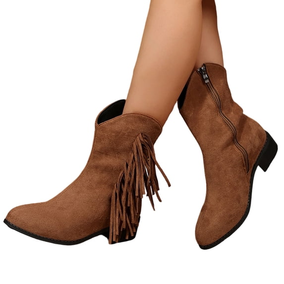 Fringe Cowboy Ankle Boots for Women Suede Low Heel Chunky Block Heel Short Booties Pointed Toe Wide Calf Western Tassel Boots Side Zipper Mid Calf Booties Classic Comfortable Fashion Boot Brown 42