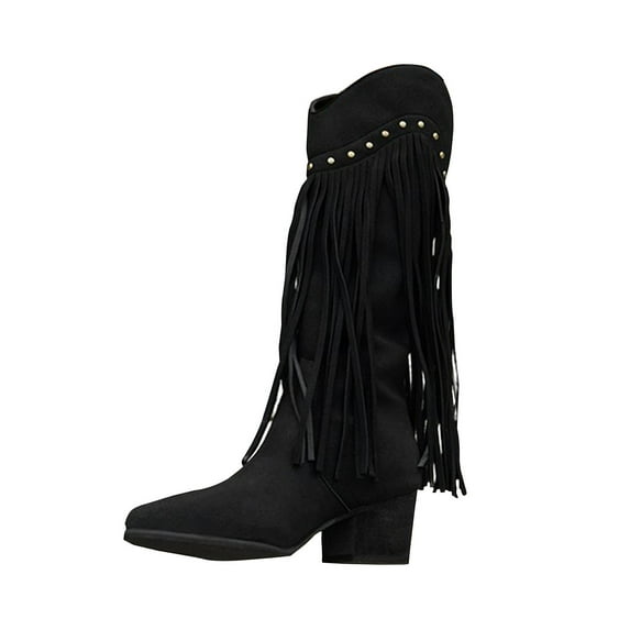 Fringe Cowboy Boots for Women Wide Mid Calf Western Boots with Rivets Cowgirl Pull-On Pointy Toe Elegant Rave Fashion Trendy Cute Kawaii Goth Comfy Casual Walking