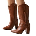 thumbnail image 1 of Fringe Cowboy Boots for Women Block High Heel Fashion Embroidery Pointed Toe Zip up Winter Dress Mid Calf Booties, 1 of 6