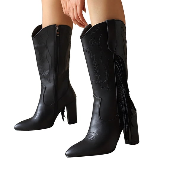 Fringe Cowboy Boots for Women Block High Heel Fashion Embroidery Pointed Toe Zip up Winter Dress Mid Calf Booties