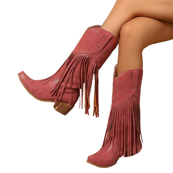 Fringe Cowboy Boots for Women Vintage Leather Chunky Heel Pull on Tassel Knee High Cowgirl Booties