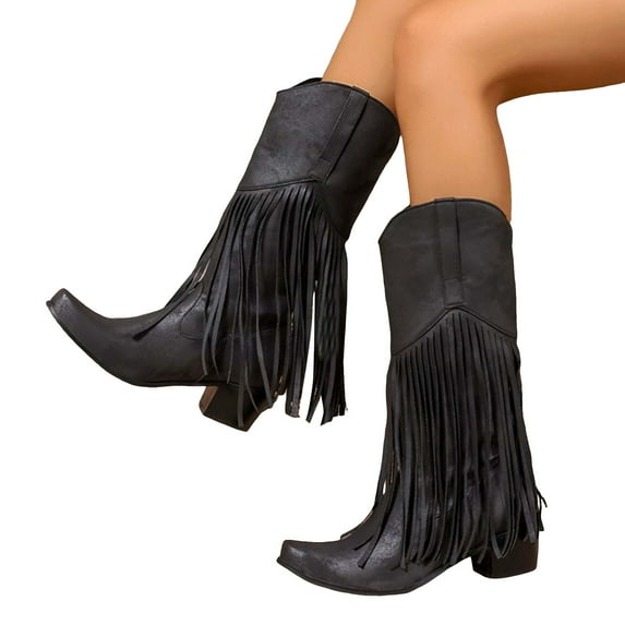 Fringe Cowboy Boots for Women Vintage Leather Chunky Heel Pull on Tassel Knee High Cowgirl Booties