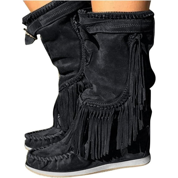 Fringe Cowboy Boots for Women's, Winter Faux Suede Ankle Boots Round Toe Warm Flat Dress Cowgirl Booties Vintage Mid Calf Riding Boots