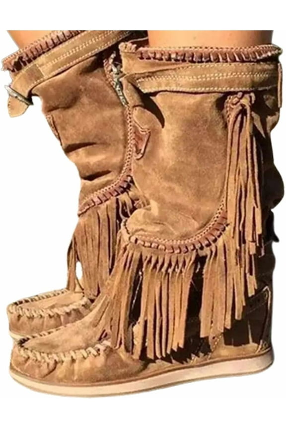 Fringe Cowboy Boots for Women's, Winter Faux Suede Ankle Boots Round Toe Warm Flat Dress Cowgirl Booties Vintage Mid Calf Riding Boots